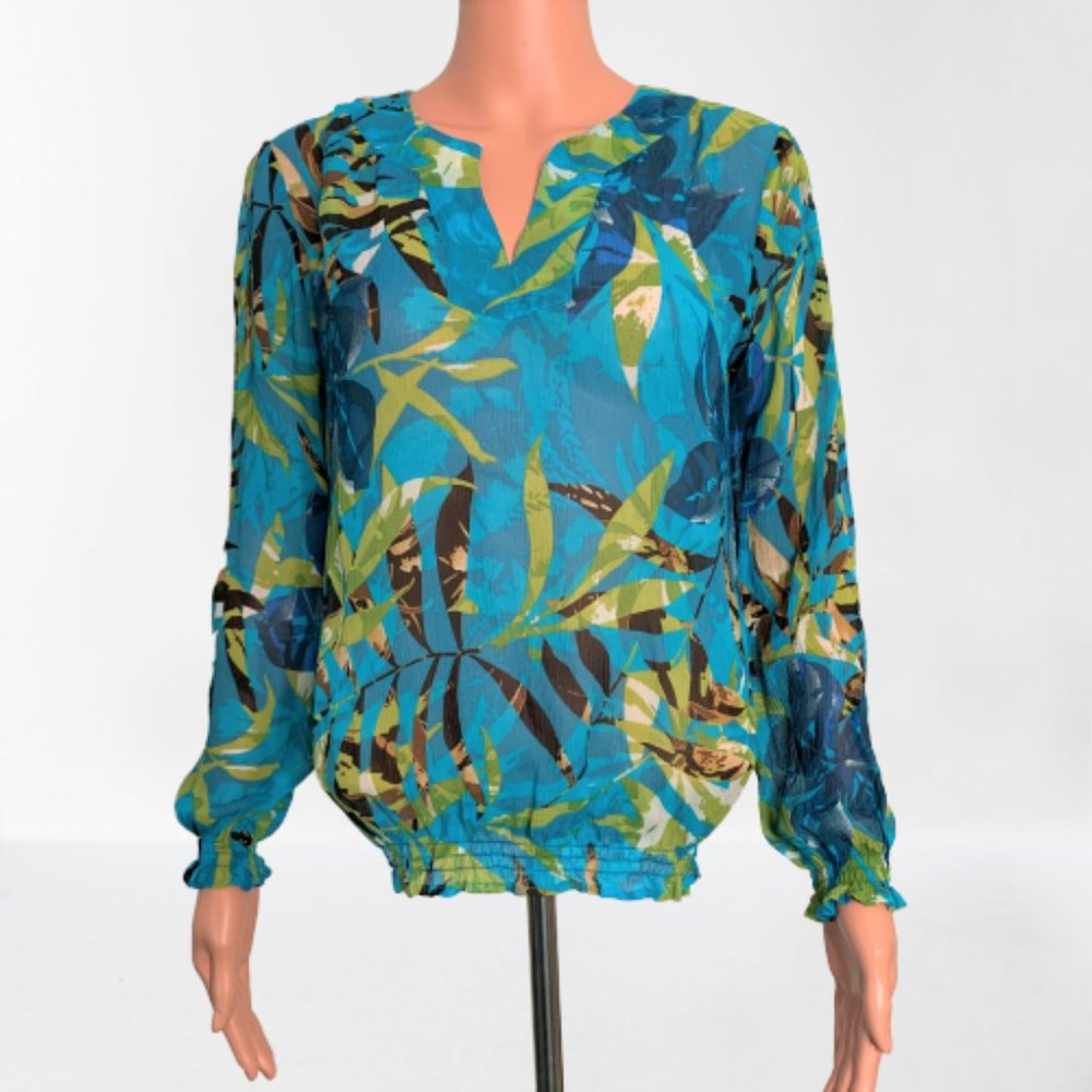 Chicos Blue Tropical Floral Silk Blouse Sz 0 Small